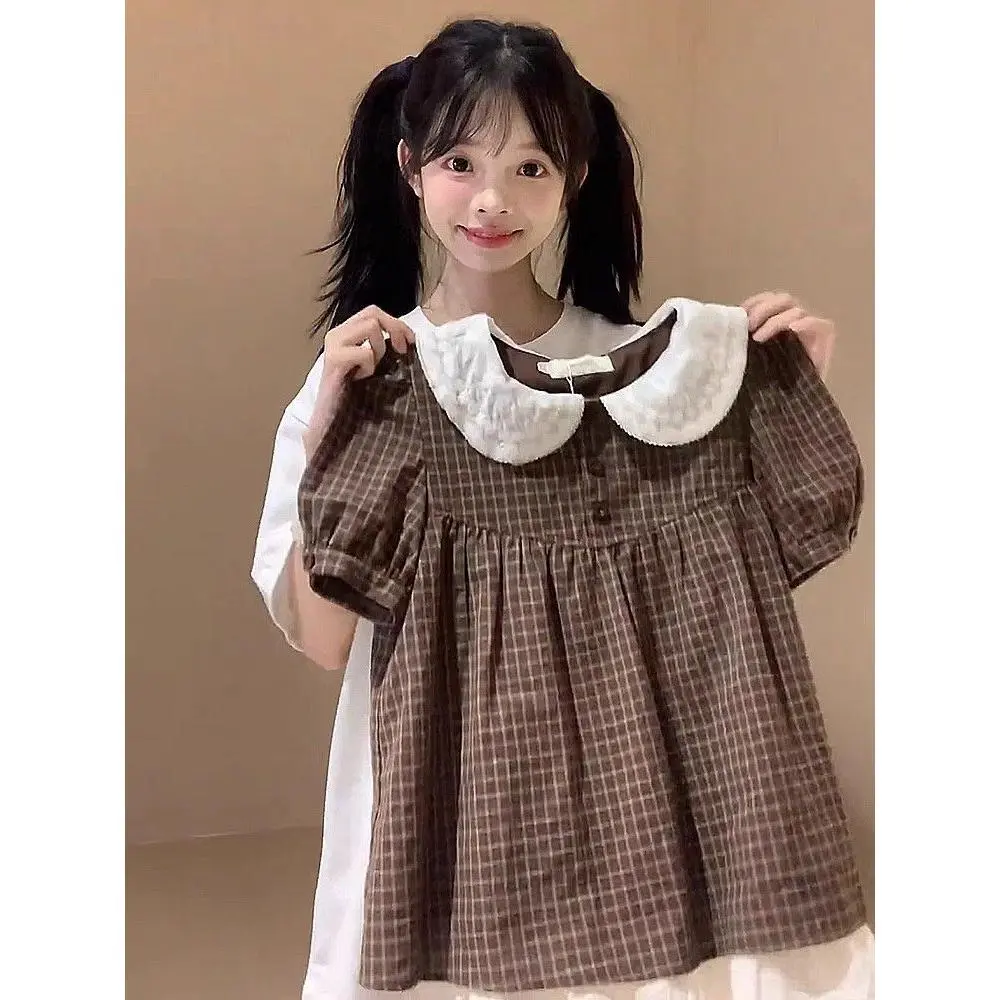 Áo ngắn Tay Phong Cách Hàn Quốc, Hàng Mới Về Mùa Hè, Phong Cách Preppy Dễ Phối Đồ Với Búp Bê Ren Ngọt Ngào Và Kẻ Sọc, Thiết Kế Khâu