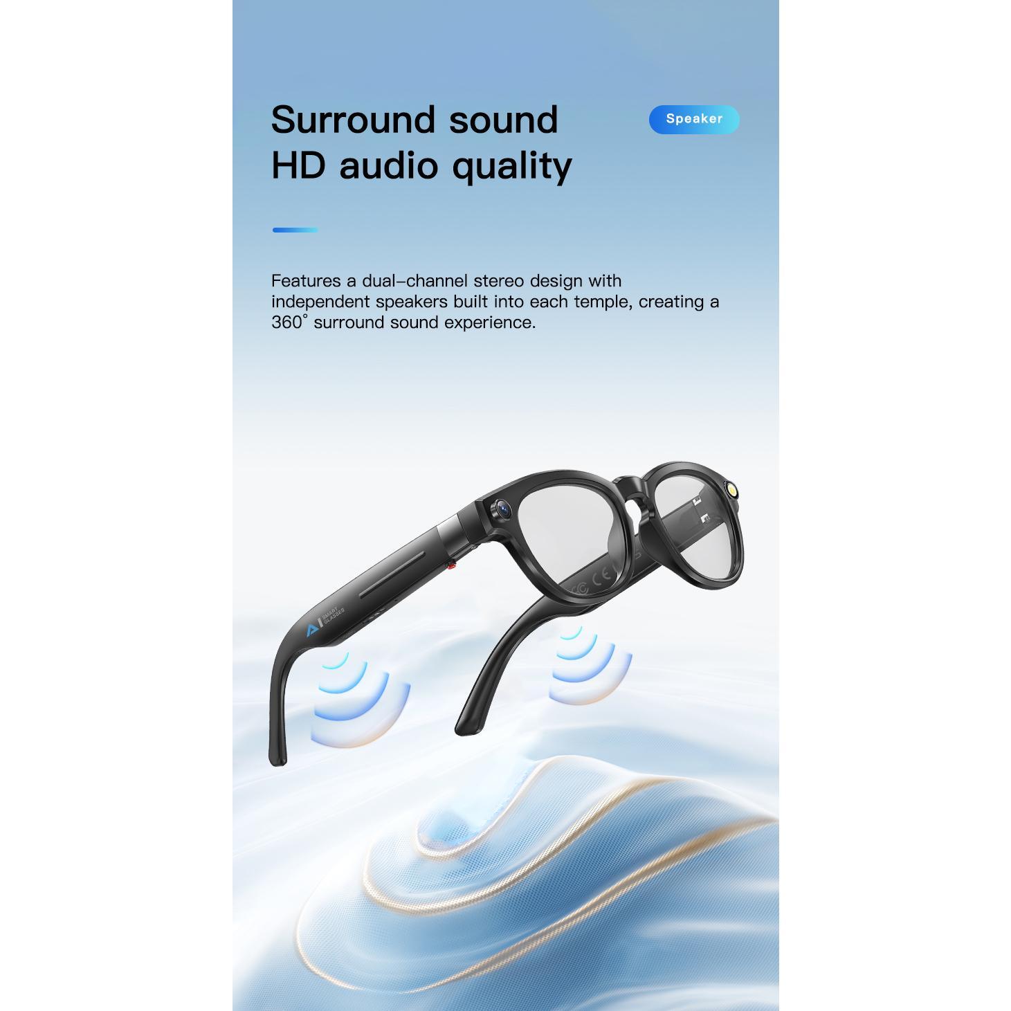 Smart Glasses Q8 4K HD Camera 32GB Large Storage Bluetooth Call Music Video Sound Record Surround Sound AI Voice Translation