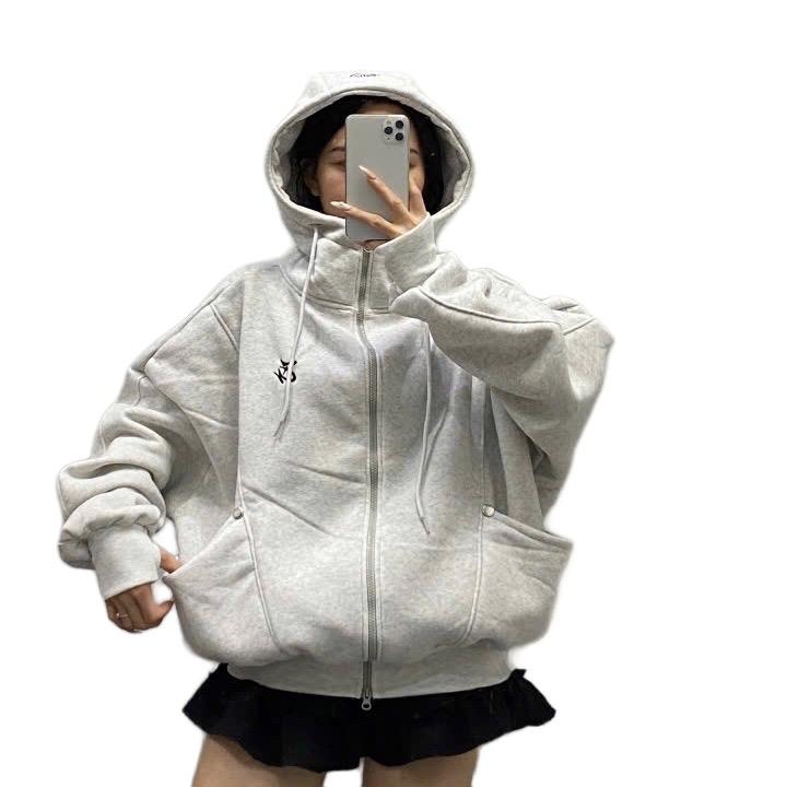 Áo khoác nữ nỉ dệt form rộng nút bấm thêu chữ nón 2 lớp Có Túi Trong Top Hoodie Women hoodie  màu áo  hoodie Voi