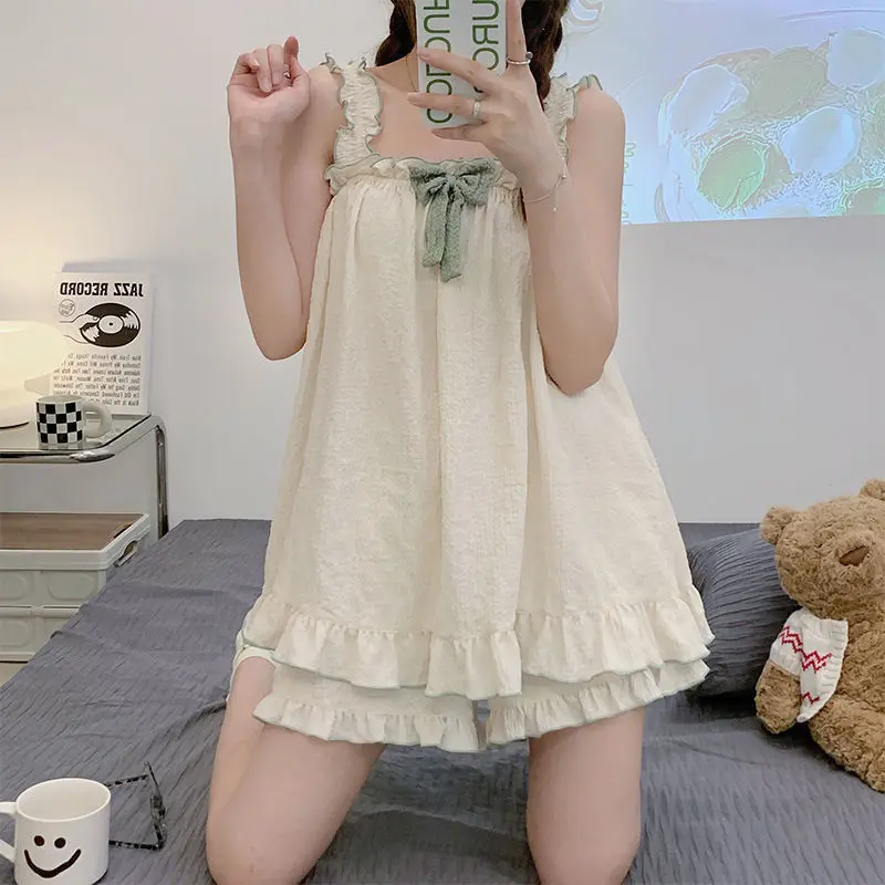 2024 Summer new suspender pajamas women's Korean pajamas ins style pajamas thin sweet two-piece set outdoor home pajamas
