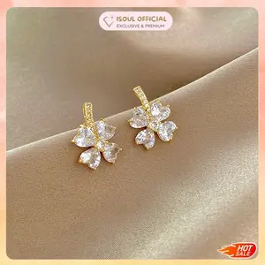 COD iSoul Anting Jepit Telinga Titanium Tusuk Model Berlian Permata Wanita Korea Mewah Anti Karat Perhiasan Emas