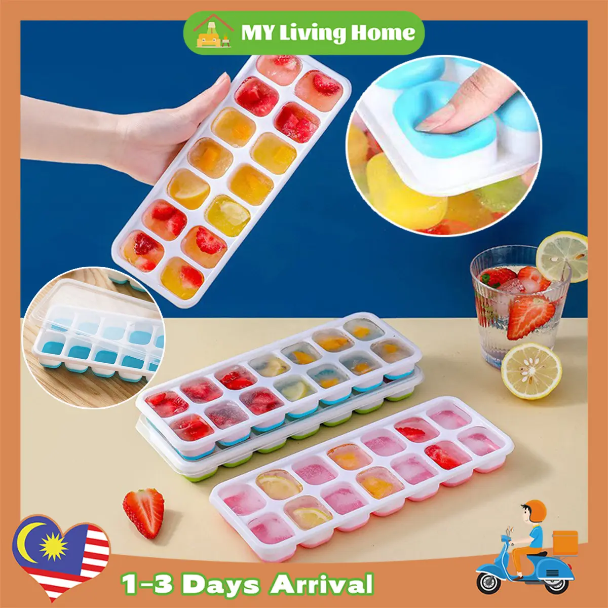 14-cell Ice Silicone Ice Making Tray  With Cover Grade Baby Food Ice Mould Jelly Mould Blue Kitchenware Utensils