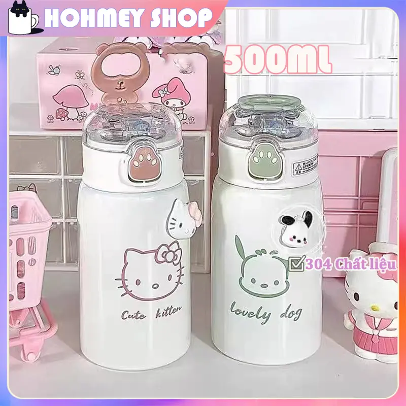 Bình Nước Giữ Nhiệt Bằng Inox 304 Thiết Kế Hình Gấu Dễ Thương Với Ống Hút, Nhãn Dán Không Thấm Nước 0
