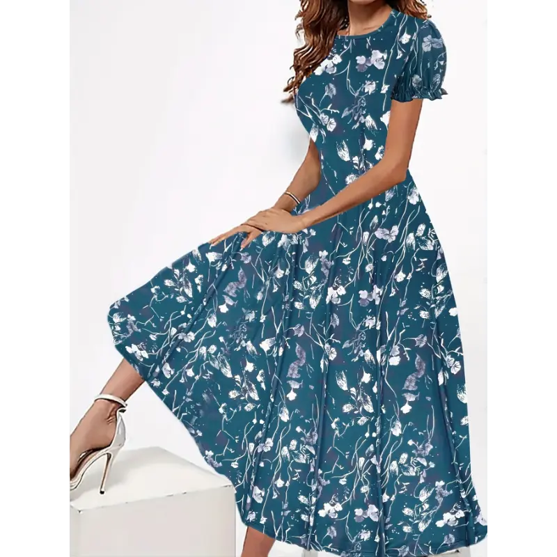 Short Sleeve Floral Print Elegant Crew Neck Dress for Spring & Summer, Women's Clothing Casual Fabric 2