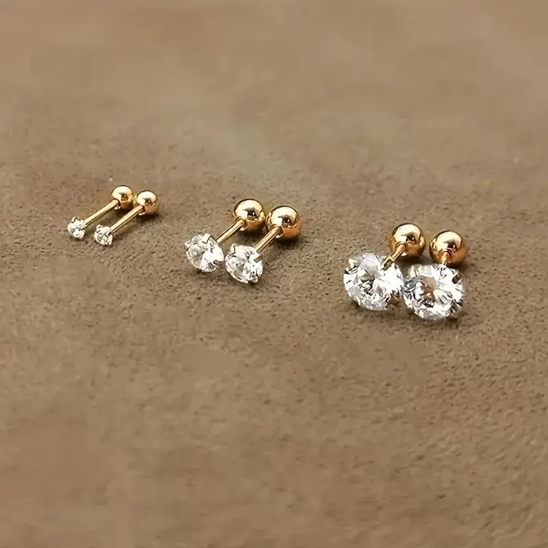 3-Pair Set, 18K Gold Plated Stainless Steel, Exquisite Simple Round Ball Twisted 4-Prong Set Cubic Zirconia Earrings, Gift Box Included 4