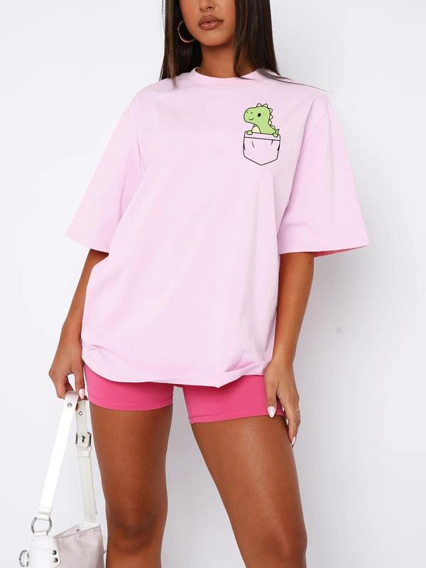 Women's Cartoon Dinosaur Print Drop Shoulder Tee, Casual Half Sleeve Round Neck T-shirt for All Seasons, Women's Top for Daily Wear, Womenswear 2