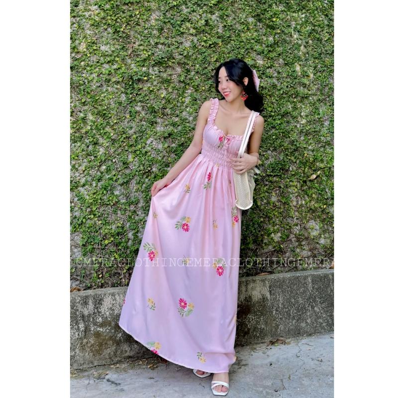 Váy Moss-Roses hoa nhí Hồng - váy dây hoạ tiết hoa dáng maxi dài bo chun tôn eo xinh xắn Nữ Ong Voan Women Voi Dress