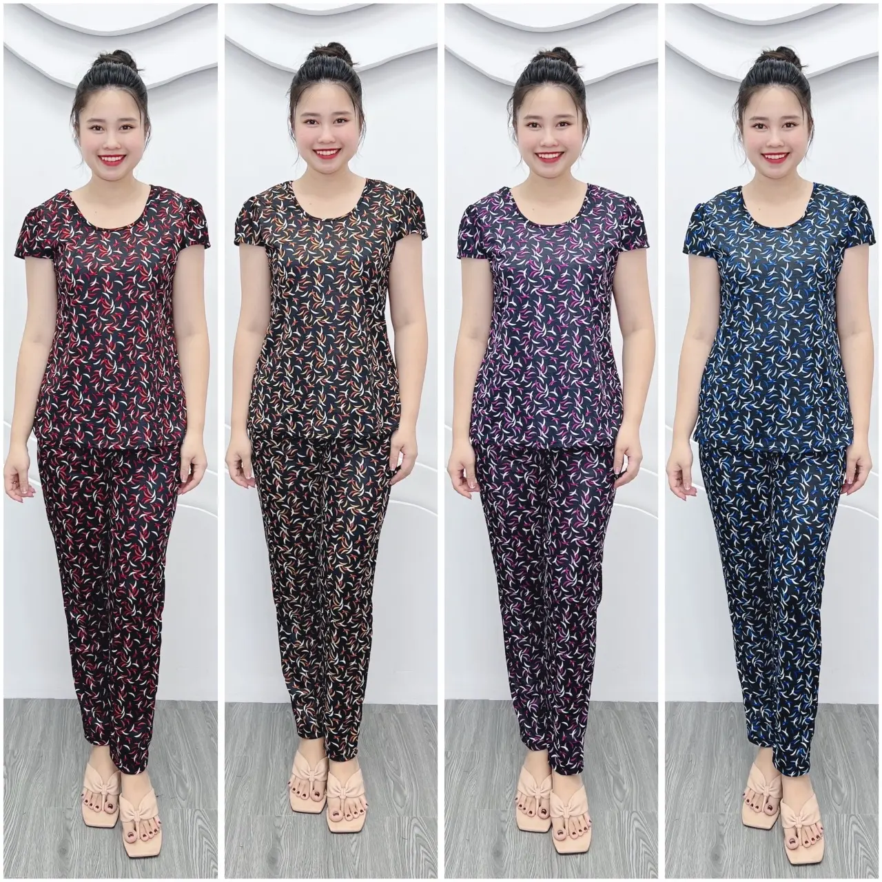 A1 Combo 4 bộ đồ nữ thun Aty thường, mềm, nhẹ, cổ vuông, quần dài, 40-65kg Women