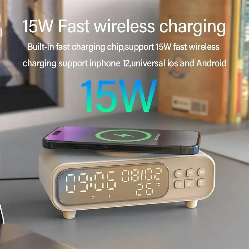 15W Wireless Charger with Time Display, LED Night Light Alarm Clock Wireless Charger, Fast Charging Station for iPhone 5