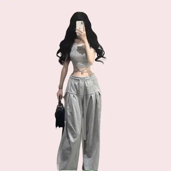 {Có tách Set} Set thường bộ áo croptop cột dây eo kèm Quần suông ống rộng - Quần Nữ Quần nỉ nữ Women Top Lưng Cao Pants Xám quan ni Jacket bonu set xinh quan a ode p set  đồ  nữ  bigsize set  đồ đẹp hot