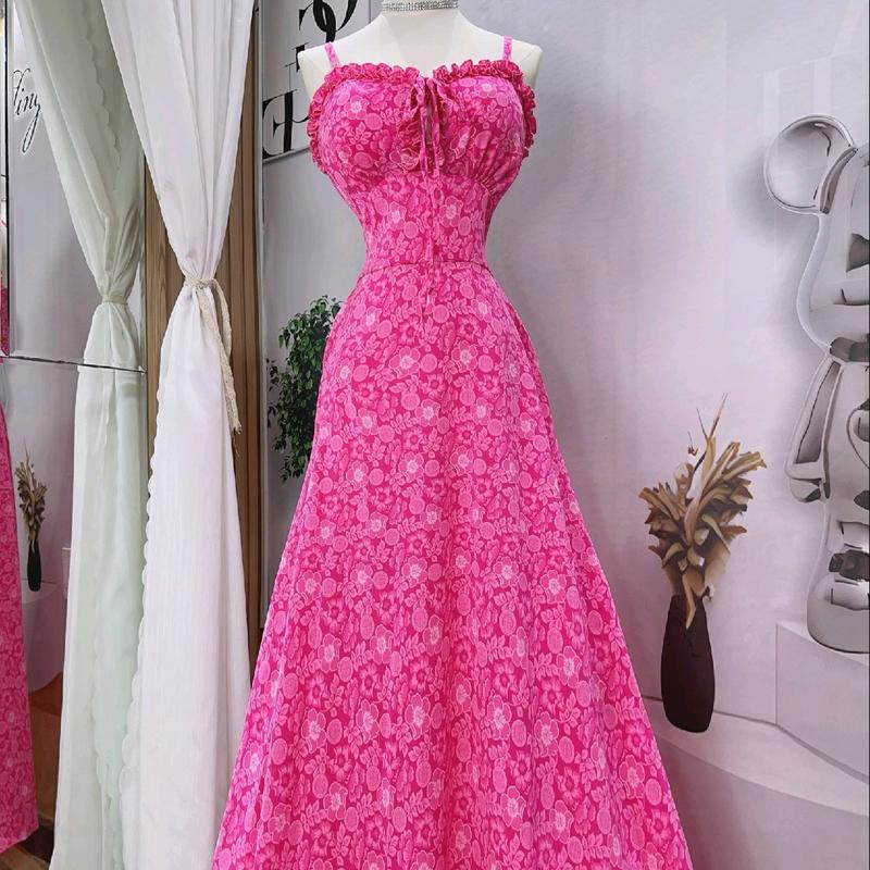 D06. Đáng dài + lụa mango Đầm hai dây nhún bèo dáng dài Dress Women Nữ