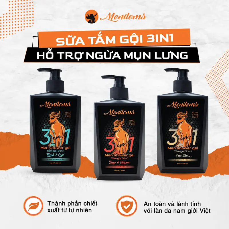 [ĐỘC QUYỀN LIVE] Sản phấm sữa tắm mụn lưng 3in1 Menitems hỗ trợ sạch mụn lưng, hương nước hoa nam tính giúp làm sạch da, dưỡng ẩm 285ml Skincare 1