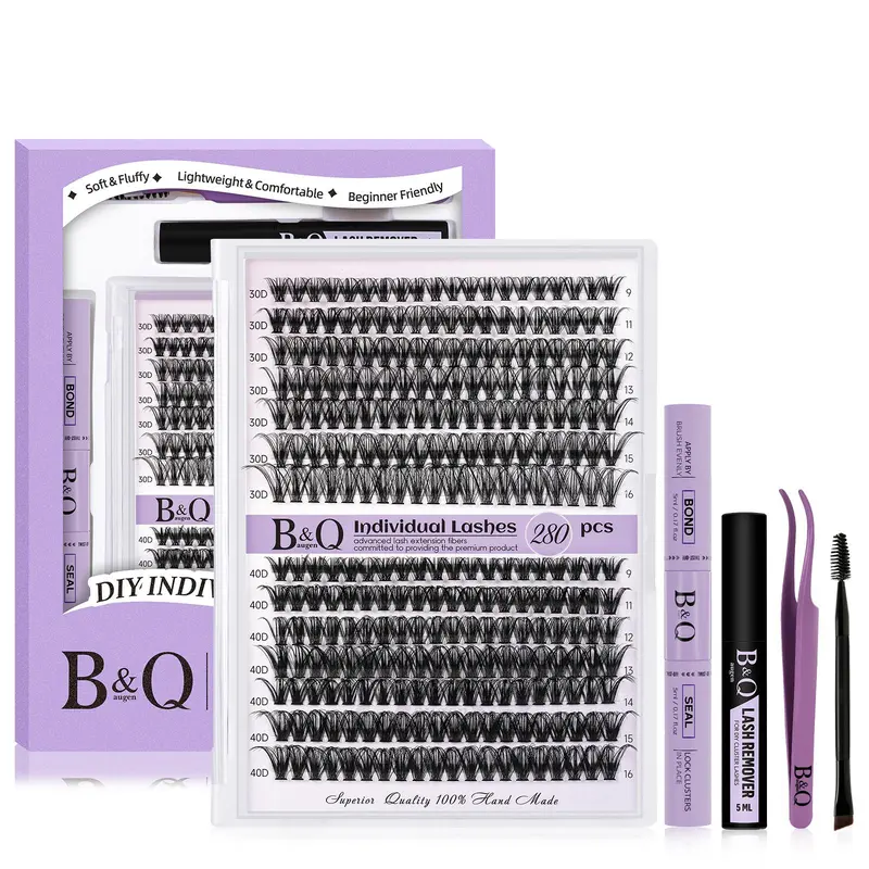 B&Qaugen DIY Lash Extension Kit, 280pcs 30D+40D Individual Lashes Cluster D Curl 9-16mm Eyelash Extension Kit, Waterproof Lash Clusters with Lash Bond and Seal, Glue Remover and Lash Tweezer For Girl Makeup, Christmas Gift 0