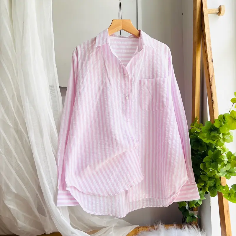 ( XÃ KHO ) Áo Sơ Mi Nữ Tay Dài Phom Rộng Chất Coton Đũi Mềm Mát Có Túi - Women's Top Shirt Kem Voi Nhung 1