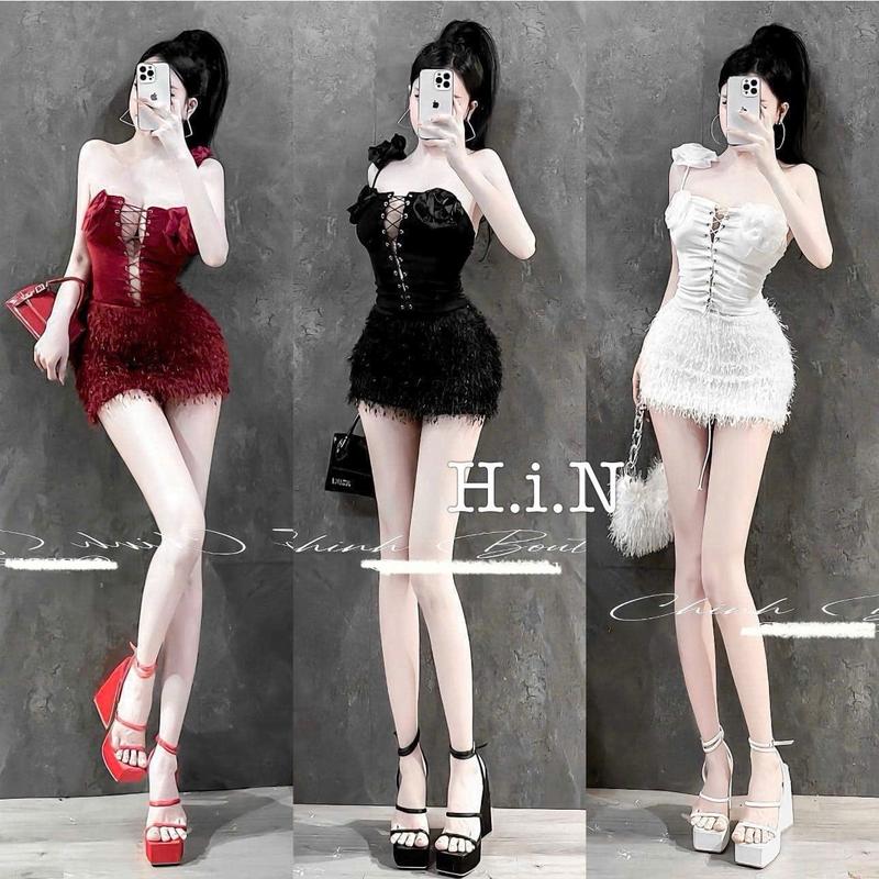 set hoa trà nơ to áo đan ngực chân váy lông