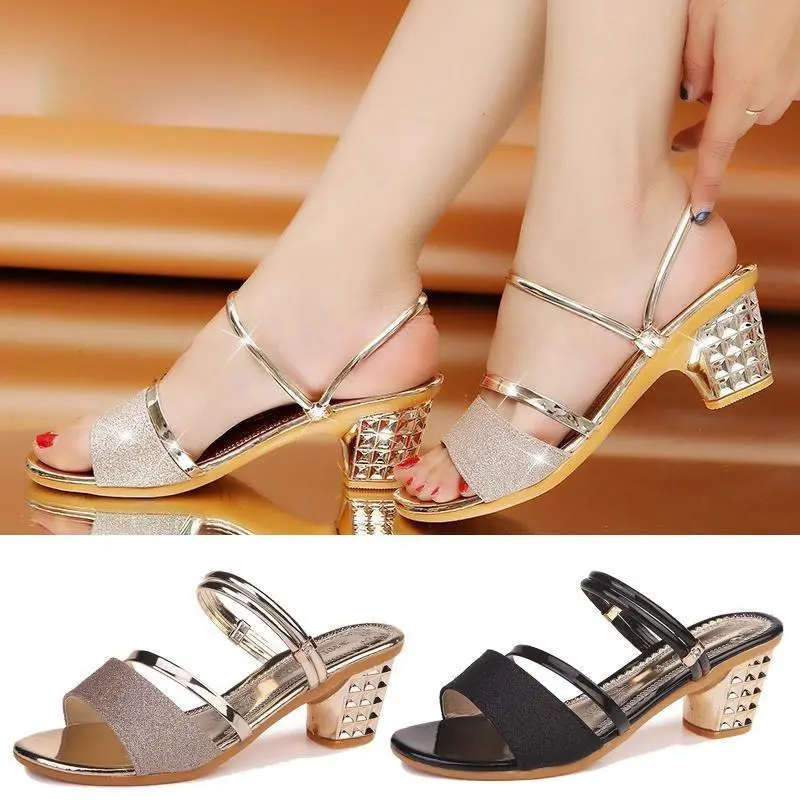 3colors Fashion Versatile Gold Sandals with Two Strap Korean Style Office Word Block Heels Scandals for Women Work School