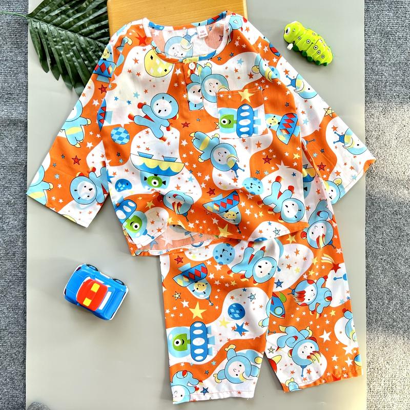 Bộ Tole/lanh Tay Dài Quần Dài Cổ Tròn bé trai (5-58kg Đã trừ hau - Giao màu ngẫu nhiên) tay day  cho trai 7