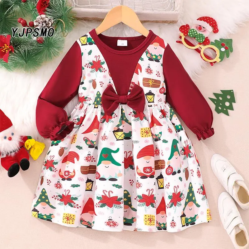 Váy Giáng Sinh Cho Bé Gái, Phong Cách Cổ Điển In Hình Ông Già Noel, Cổ Tròn