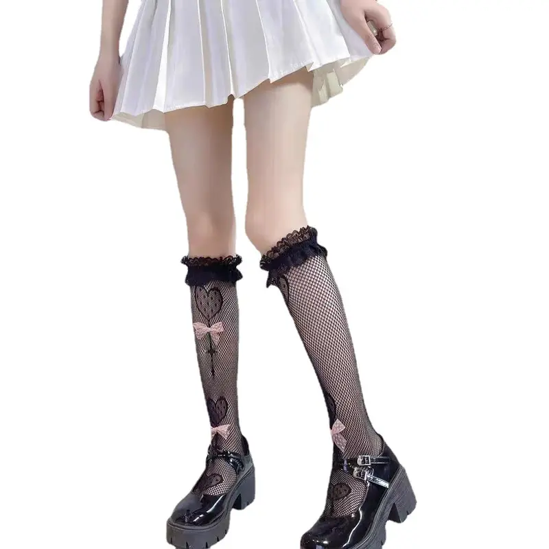 Vớ Bắp Chân, Phong Cách Nhật Bản, Trang Trí Ren, Vớ Lolita, Dành Cho Nữ, Giữa Bắp Chân, Thiết Kế Nơ Can Đeo Kẹo JK, Vớ Lưới Women Trắng 4