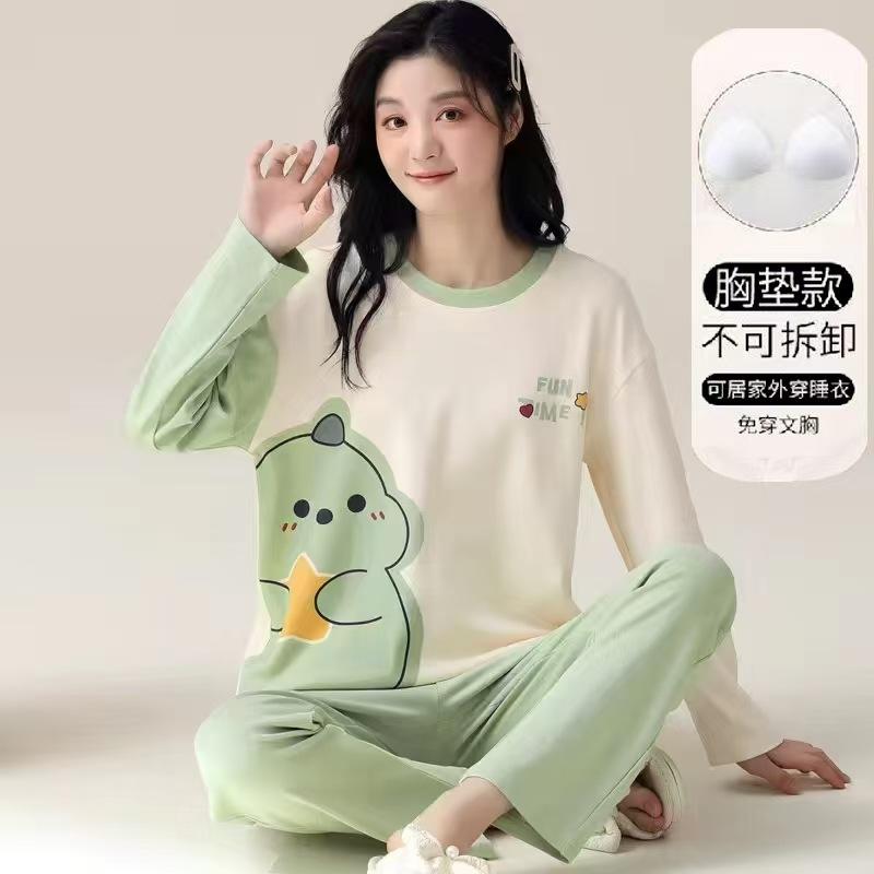 Bộ Đồ Ngủ Có Đệm Ngực Chất Liệu Cotton Nguyên Chất Thoải Mái Chất Lượng Cao Với Tay Dài Có thể Mặc Ngoài Trời Mùa Thu Và Mùa Đông Bộ Đồ Dễ Thương Hoạt Hình Che Núm Vú Cho Nữ Áo Chui Đầu Mặc Ở Nhà 2