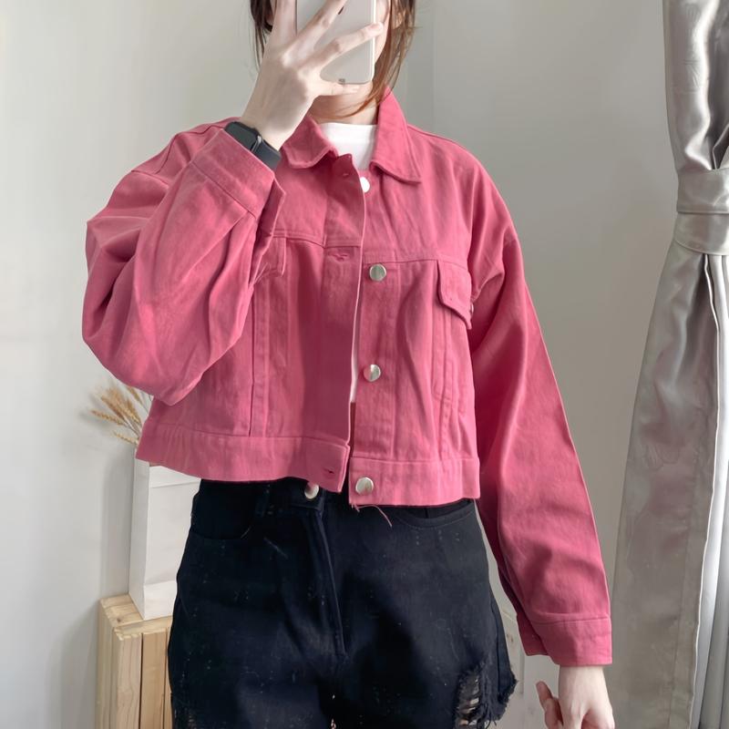 Áo Khoác Jean Nữ Hai Nắp Túi Trơn Màu Phom Vừa Tay , Có Cổ - Menswear Top Women Jacket 3