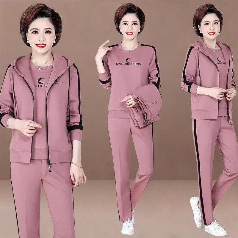 Bộ Đồ Quần Áo Thể Thao Cho Mẹ, Ba Mảnh, Cho Phụ Nữ Trung Người Già Và Cao Tuổi, Áo Len Thời Trang, Có Mũ Trùm Đầu, Ngoại Cỡ, Dáng Rộng Vừa Vặn, Thích Hợp Cho Mùa Xuân Và Mùa Thu, Đồ Mặc Ở Nhà