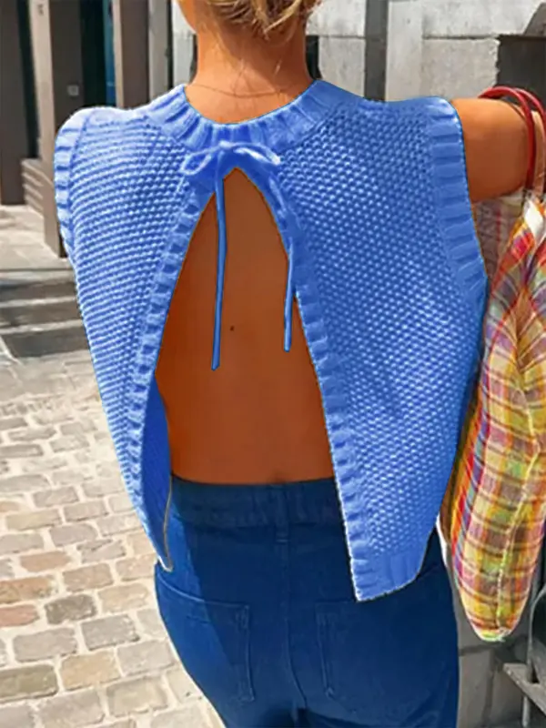 Women's Solid Split Tie Back Sweater Vest, Minimalist Fit Casual Round Neck Sleeveless Knit Top for Spring & Fall, Fashion Women's Knitwear for Daily Wear 5