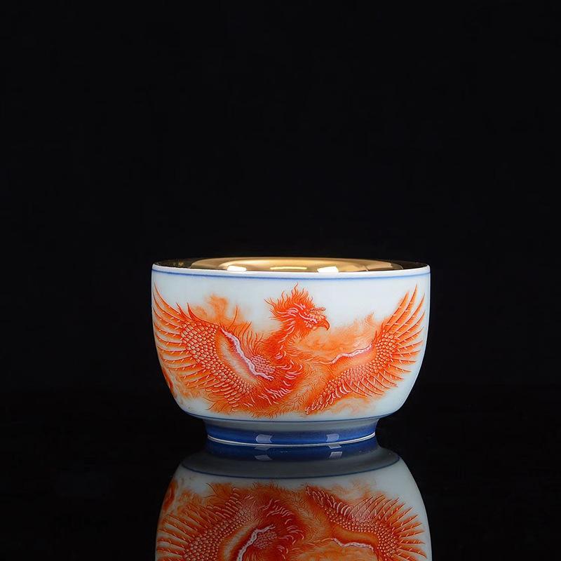 Product Introduction of 24K Gold Silk Dragon and Phoenix Jianzhan Master Cup Tea Cup White Jade Gilding Tea Cup Porcelain Kung Fu Tea Set Single Cup 20