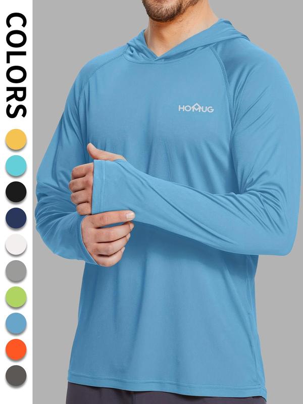 Men's Loose Letter Print Long Sleeve Hooded Rashguard, Quick Dry Lightweight Sun Protection Thumb Holes Top for Outdoor Activities, Men's Sport & Outdoor Clothing for Fall & Winter, Gym Tops 1