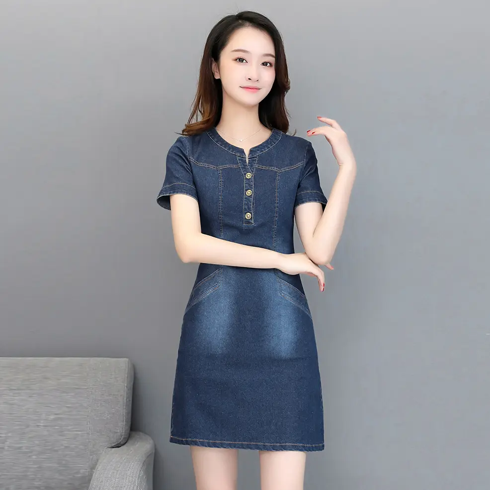 ĐẦM JEAN NỮ DÁNG SUÔNG CỔ TRỤ TÚI XÉO - NJ210