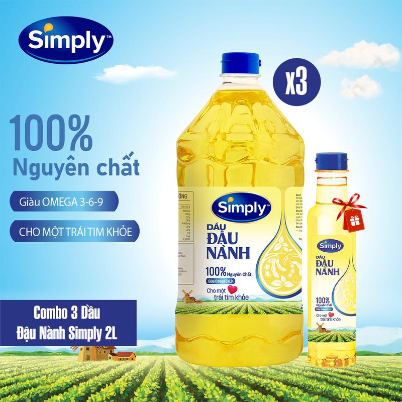 Combo 3 Dầu Đậu Nành Simply Nguyên chất 2L Giàu Omega 3 6 9 Vitamin E & Phytosterol Tự Nhiên Tốt Cho Sức Khỏe Tim Mạch
