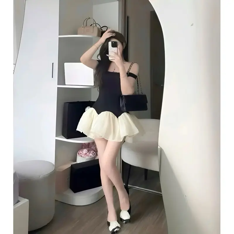 Váy Trễ Vai Màu Đen Phối Tơ Xốp Dáng Váy Xoè Bông Hoa 8