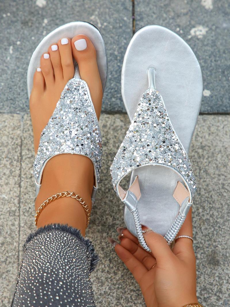 Product Introduction of Women's Glitter Sequin Design Slip on Sandals, Casual Vacation Beach Sandals, All-match Toe Thong Pu Leather Sandals for Summer 13