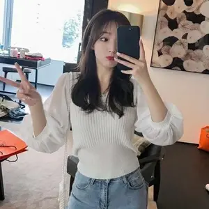 Top Santai Kombinasi Dysan Knit Lengan Balon [8663]