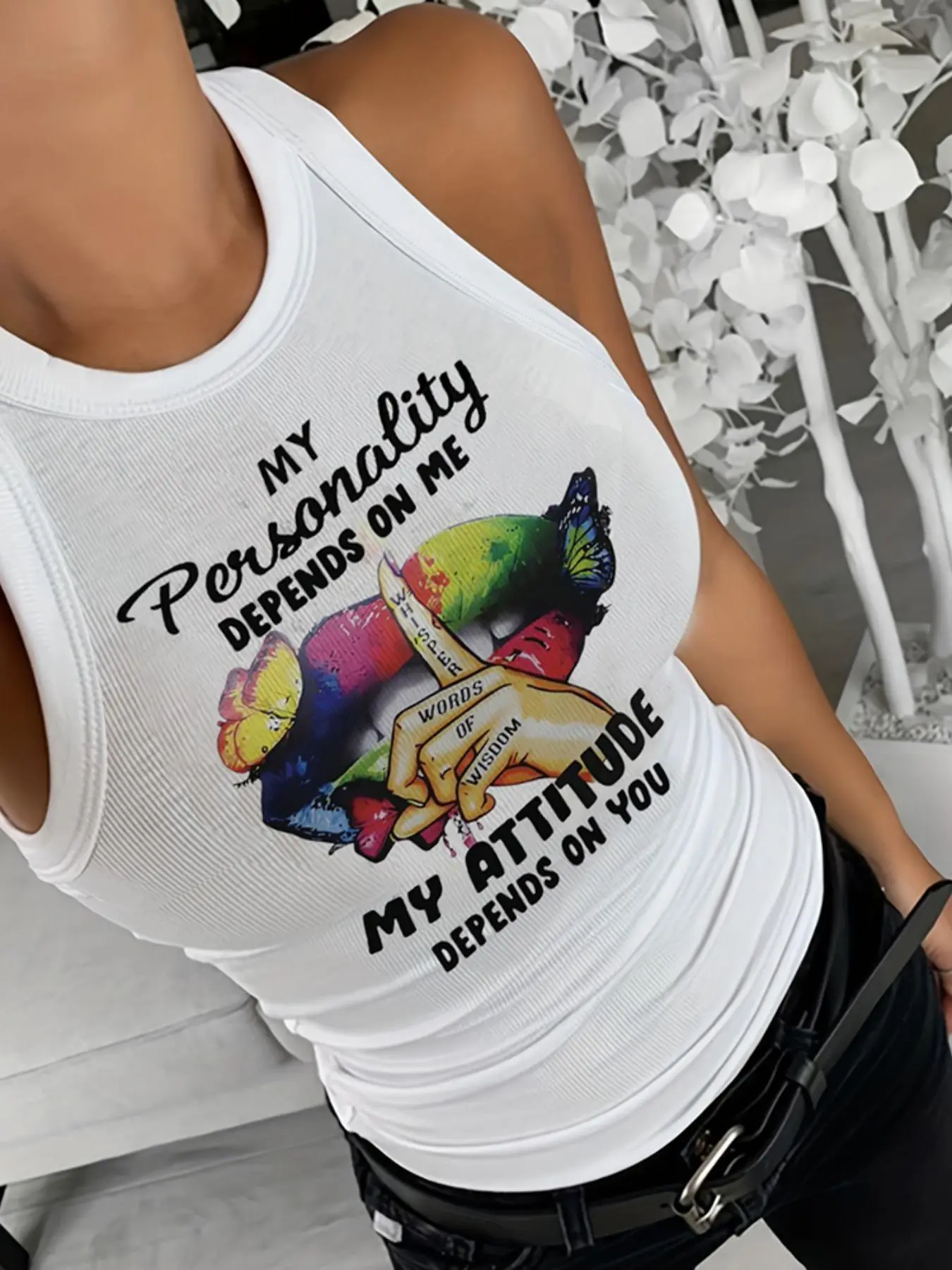 Women's Cartoon Lip & Letter Print Round Neck Tank Top, Fashion Casual Butterfly Print Crew Neck Sleeveless Top for Daily Outdoor Wear, Ladies Clothes for Summer