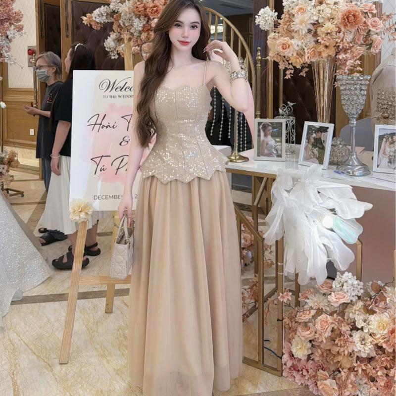 Đầm Hai Dây Kim Sa Thiết Kế Cao Cấp Tina Store Phối Chân Váy Lưới - Phù Hợp Dự Tiệc, Hẹn Hò Sang Chảnh