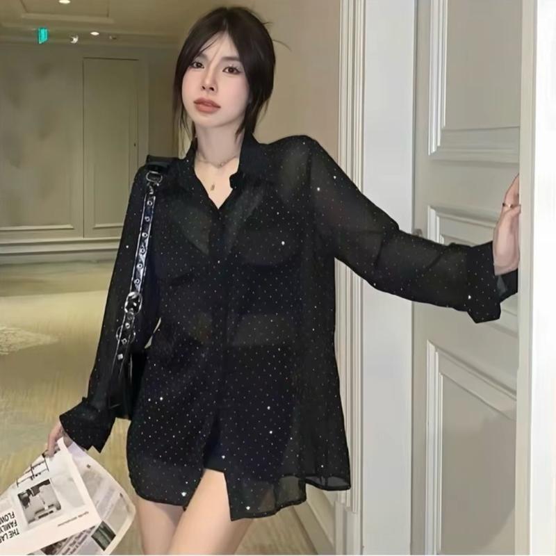 Áo sơ mi tơ xước Đính Đá Bling sang chảnh Top Nữ