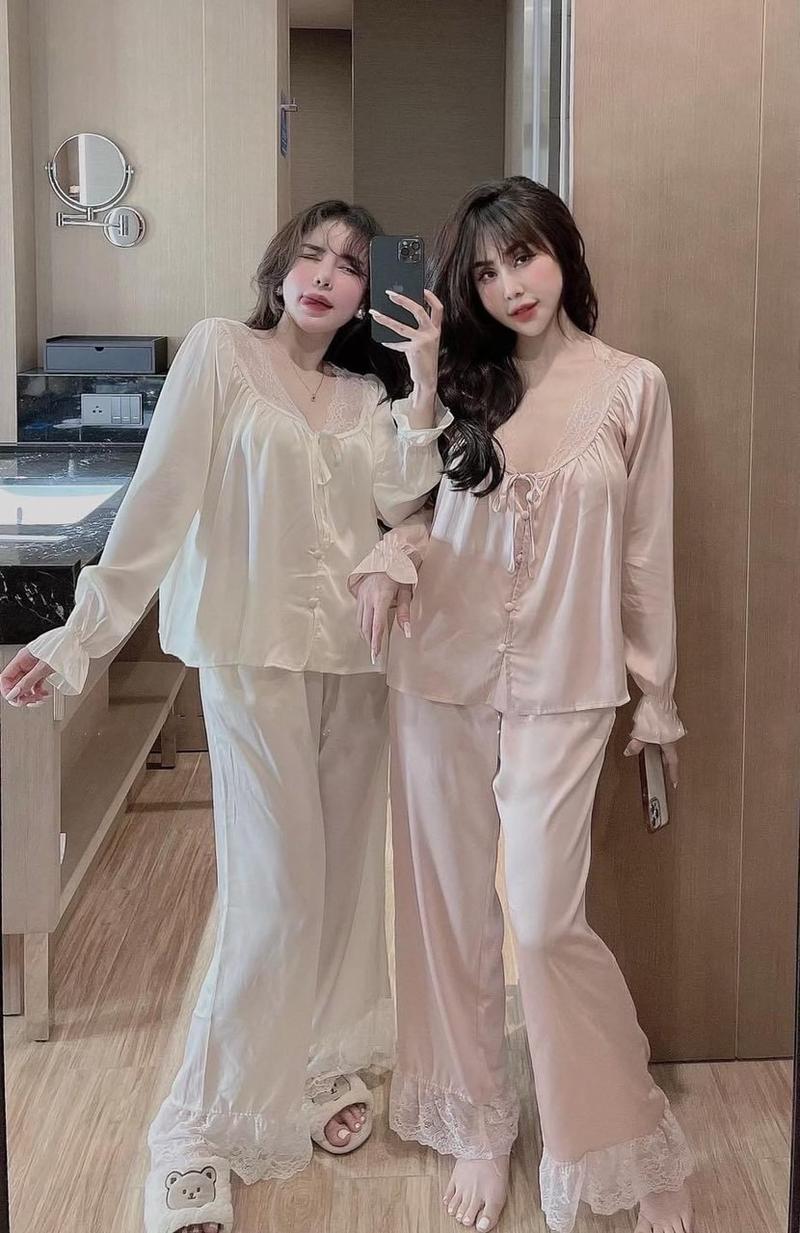 Product Introduction of Sét đồ ngủ pijama tay dài phối ren chất lụa latin kiểu dáng tiểu thư (lai quần có ren) xinh xỉu Nhung Nữ Women Quần Ngủ Áo Ngủ Voi 17