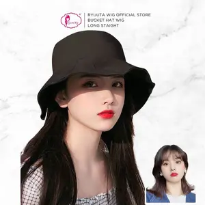 Ryuuta Wig Topi Bucket Gelombang Lurus Panjang Hitam Coklat 50 cm