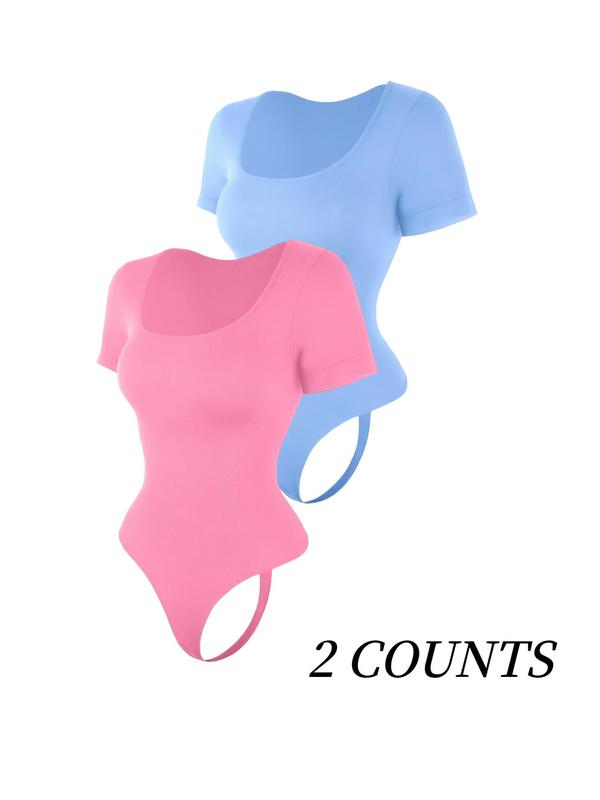 Women's Solid Square Neck Short Sleeve Shapewear Bodysuit, Tummy Control Butt Lifting Button Closure Crotch Shaper, Women's Waistband Shaping Bodysuit for All Seasons, Underwear for Women 6