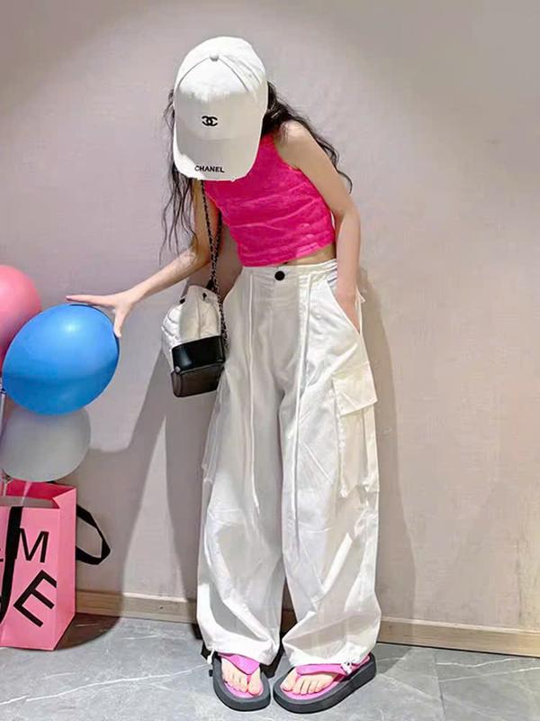   Hongtrang  Set áo cotton màu hồng kèm quần kaki trắng túi hộp sành điệu cho bé set chobe gai xinh 