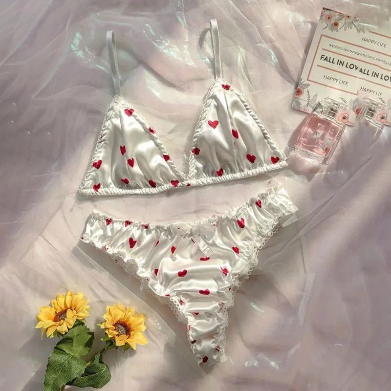 Bộ Đồ Lót Áo Ngực Và Quần Lót, Chất Liệu Satin Mượt Mà Mềm Mại, Đồ Lót Hình Trái Tim Gợi Cảm, Quần Lót Bikini, Bộ Đồ Ngủ, Dễ Thương Và Mềm Mại, Dây Đeo Trơn Thích Hợp Làm Quần Áo Ngủ 2