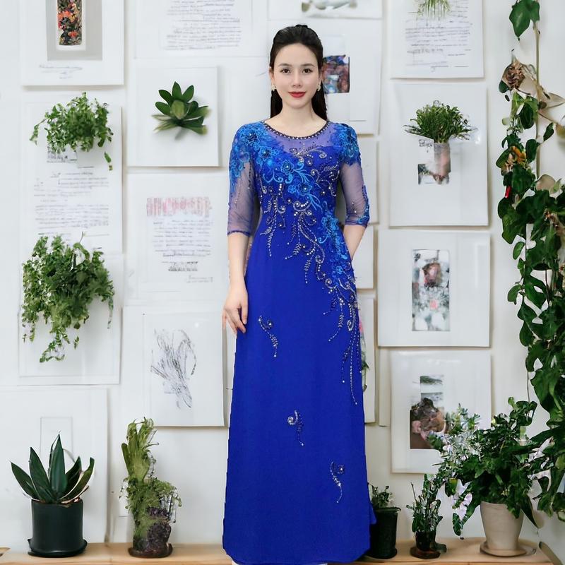 Áo dài dạ hội trung niên cao cấp mã AD86 Nữ Women a odai aodai mau jador dress ❧ ✪m☆ ♡ đỏ sang vàng 5