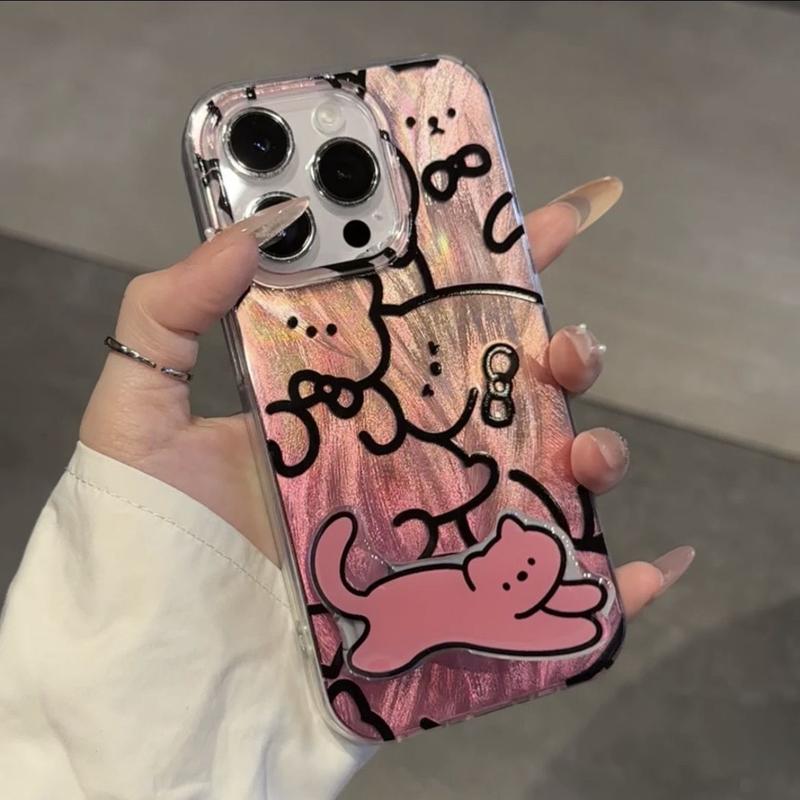 Product Introduction of Pink Line Art Cat Phone Case with Stand - Cute Cartoon Soft TPU Case for Couples, Full-Body Protective Anti-Drop Cover, Metallic Finish, Minimalist Design, iPhone All Models 3