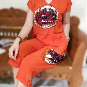 setelan baju bali V motif barong lukis size M, L, XL, XXL, XXXL celana 7/8 bahan tebal dan adem