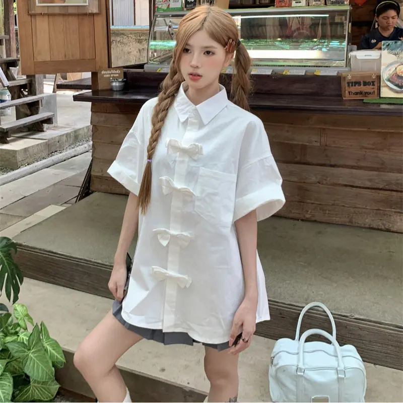 Áo sơ mi tay ngắn đính nơ ba chiều dành cho nữ, Áo sơ mi form rộng màu trơn mùa hè Top Women Xanh Trắng áo sơ mi nữ hottrend 1