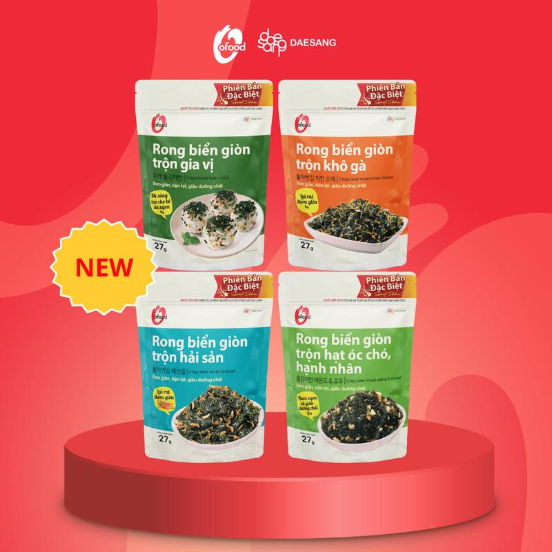 Mới Combo 4 rong biển giòn trộn 4 vị O'Food gói 27g trộn gia vị khô gà hải sản óc chó hạnh nhân Snack Ăn Vặt