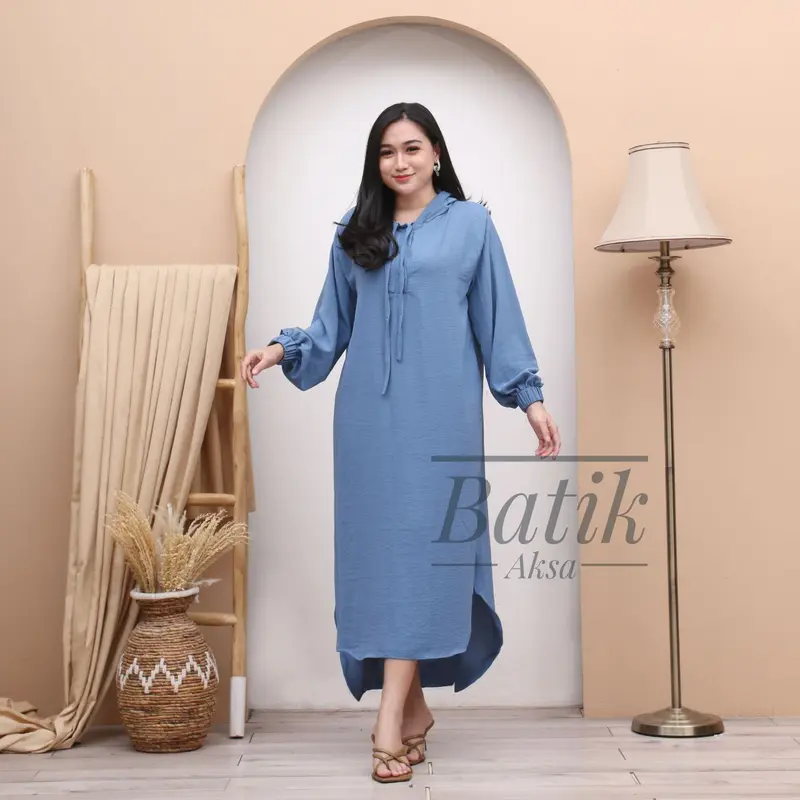 Yesha Seck Dress Hoodie Muslim Wanita Outfit Hijab Bahan Crinkle Airflow Resleting Busui By Batik Aksa Polos gamis 6