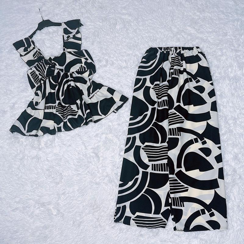 Freesize (65Kg - 90Kg) Set Bộ Nữ Vải Lụa Mango Họa Tiết Áo 2 Dây Cánh Tiên Phối Nơ Bảng To Không Mút Có Tăng Đưa, Quần Ống Suông Dài Có Túi Áo Quần Ngủ Women Lưng Bo Thun