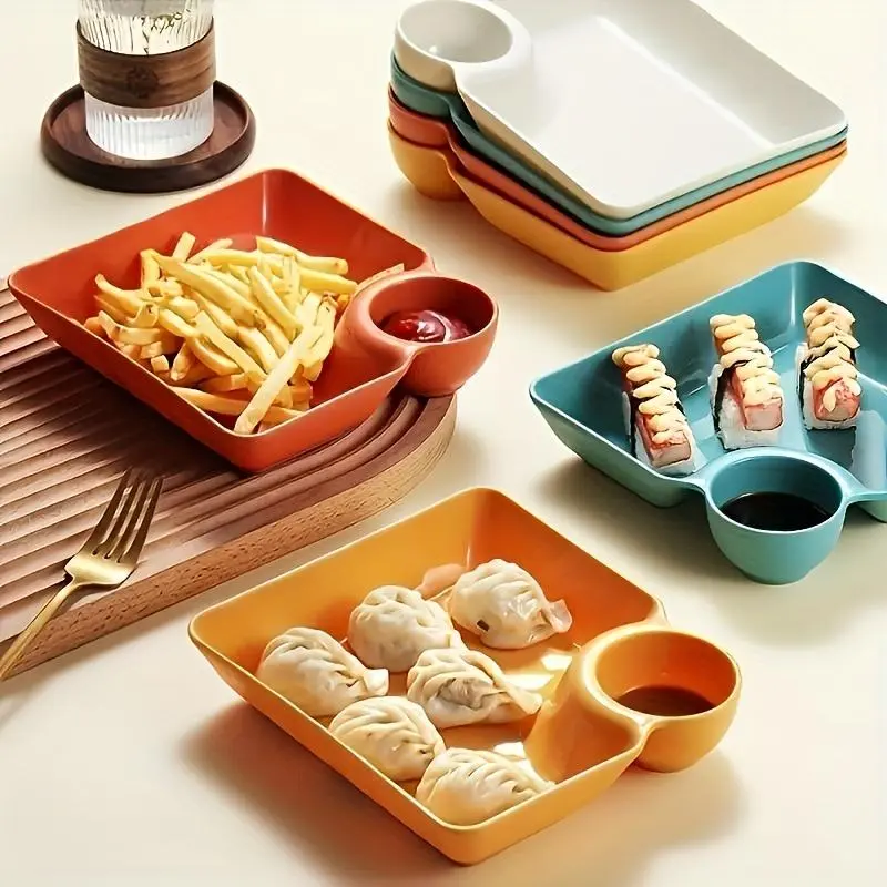 4pcs Dumpling Plate With Sauce Dish, Creative Square Snack Plate, Household Dipping Plate For Kitchen Dining Room Round Set 4